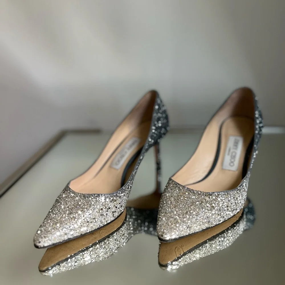 EUC JIMMY CHOO Romy 60 silver blue glitter pumps 36 $750